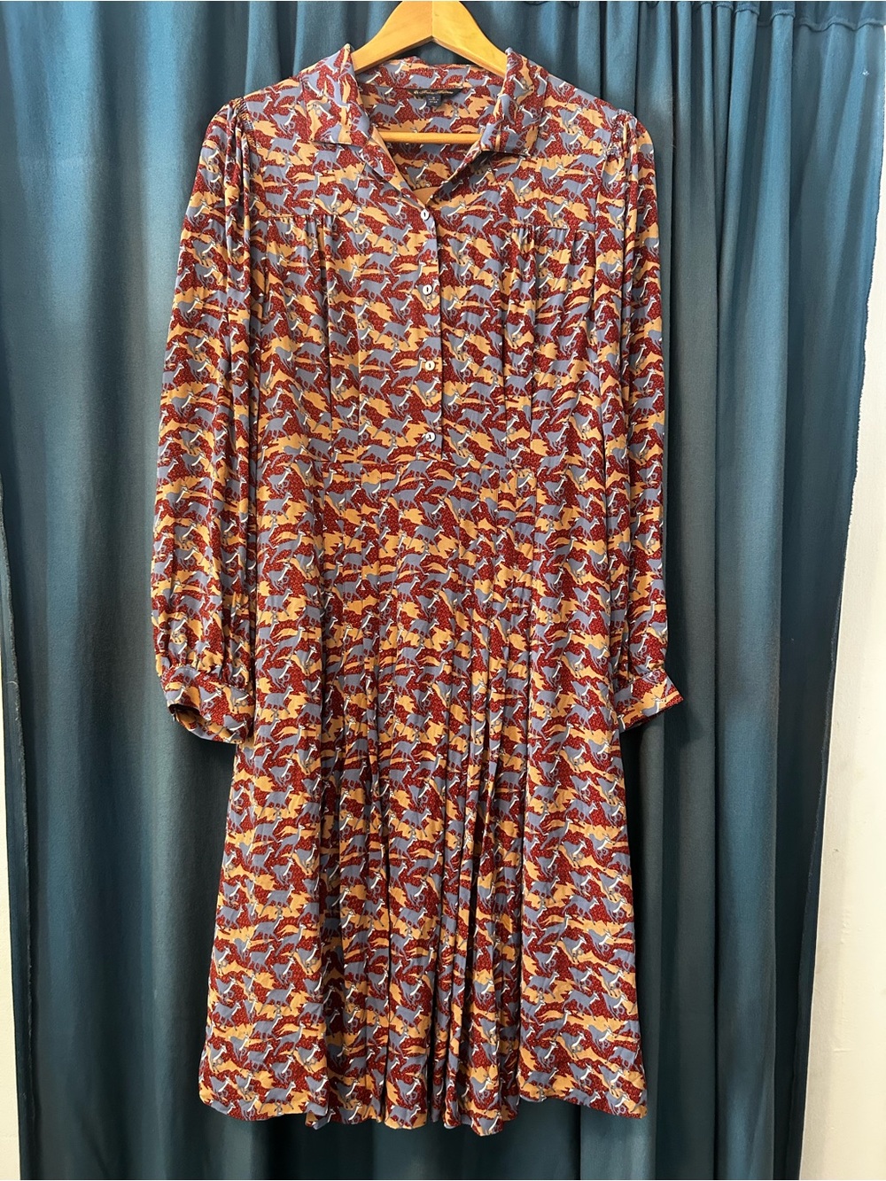 Brooks Brothers 100% silk Long-Sleeve Pleated Women’s Dress in Rust and Blue